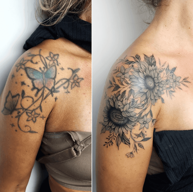 Tatuagem de flores no ombro